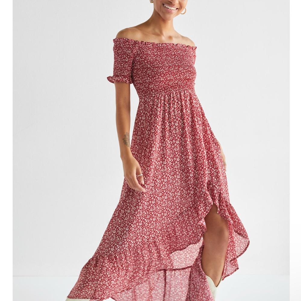 Elegant Rust Floral Off-Shoulder Dress